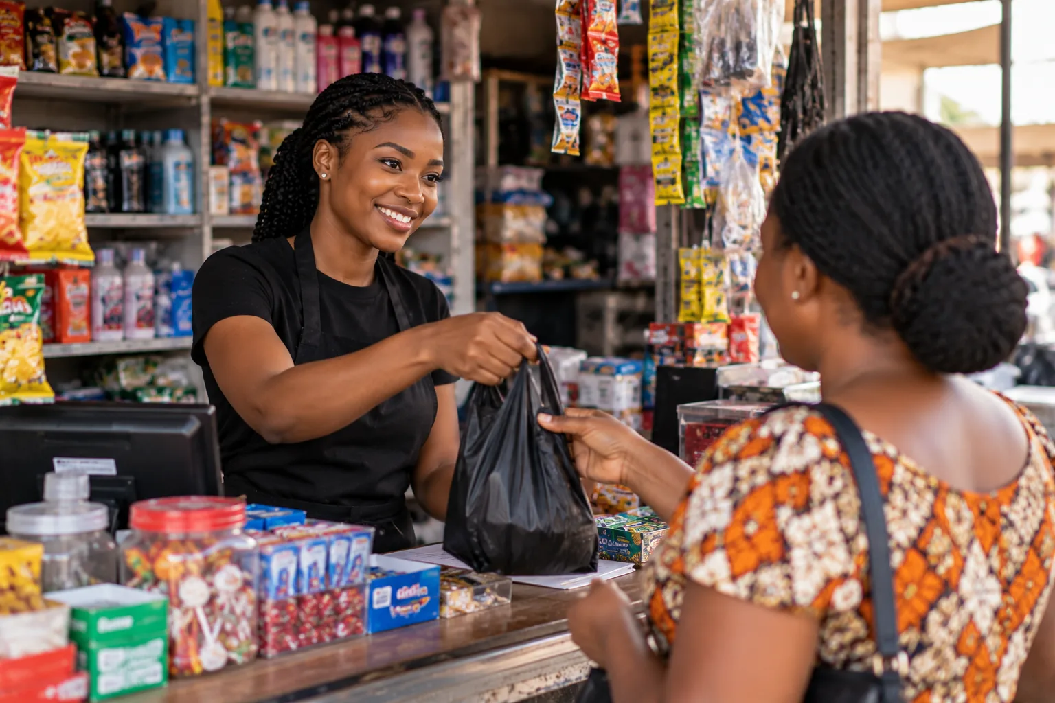 Vendeuse accompagnant des clients en boutique